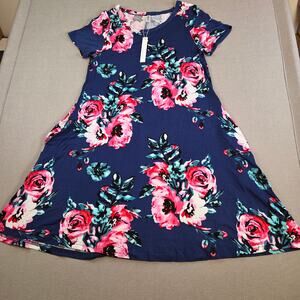 Korsis Blue Floral Dress Pink Rose Print Pockets Women’s Size S